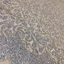Красивый H-193274 серебристого цвета с золотым краем, сексуальная ручная печать, блестящая Тюлевая ткань, кружевная ткань для свадьбы/вечернего платья