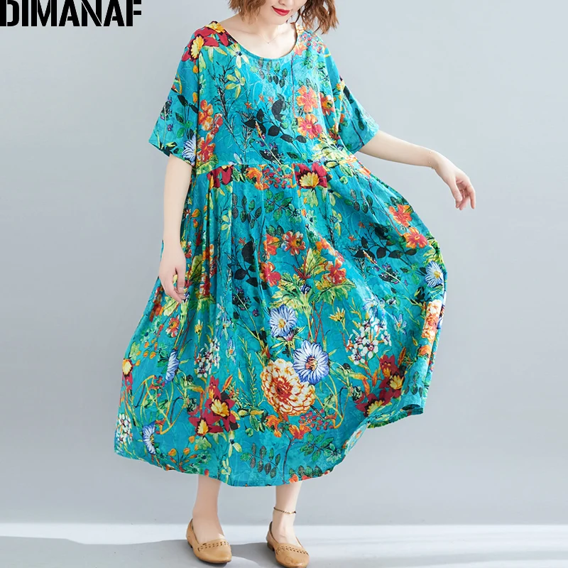 

DIMANAF Plus Size Women Beach Dress Summer Sundress Cotton Female Vestidos Lady Long Dress Print Floral Loose Big Size 5XL 6XL