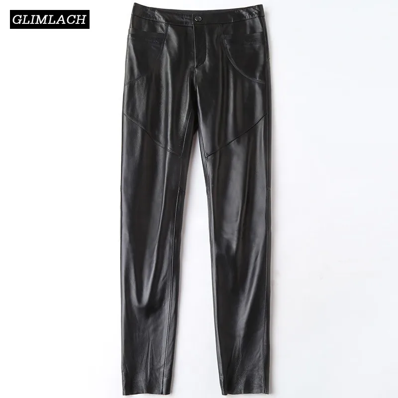 

Black Sheepskin Natural Leather Pants Women Casual Luxury Office Lady Genuine Leather Pants Fashion Streetwear Trousers Female