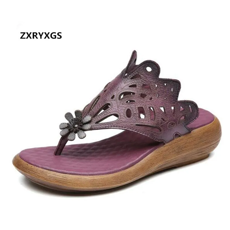 

2019 Newest Flip-flops Hollow cowhide Flower Summer Leather Ssandals Women Slippers Fashion Sandals Casual Shoes Woman Sandals
