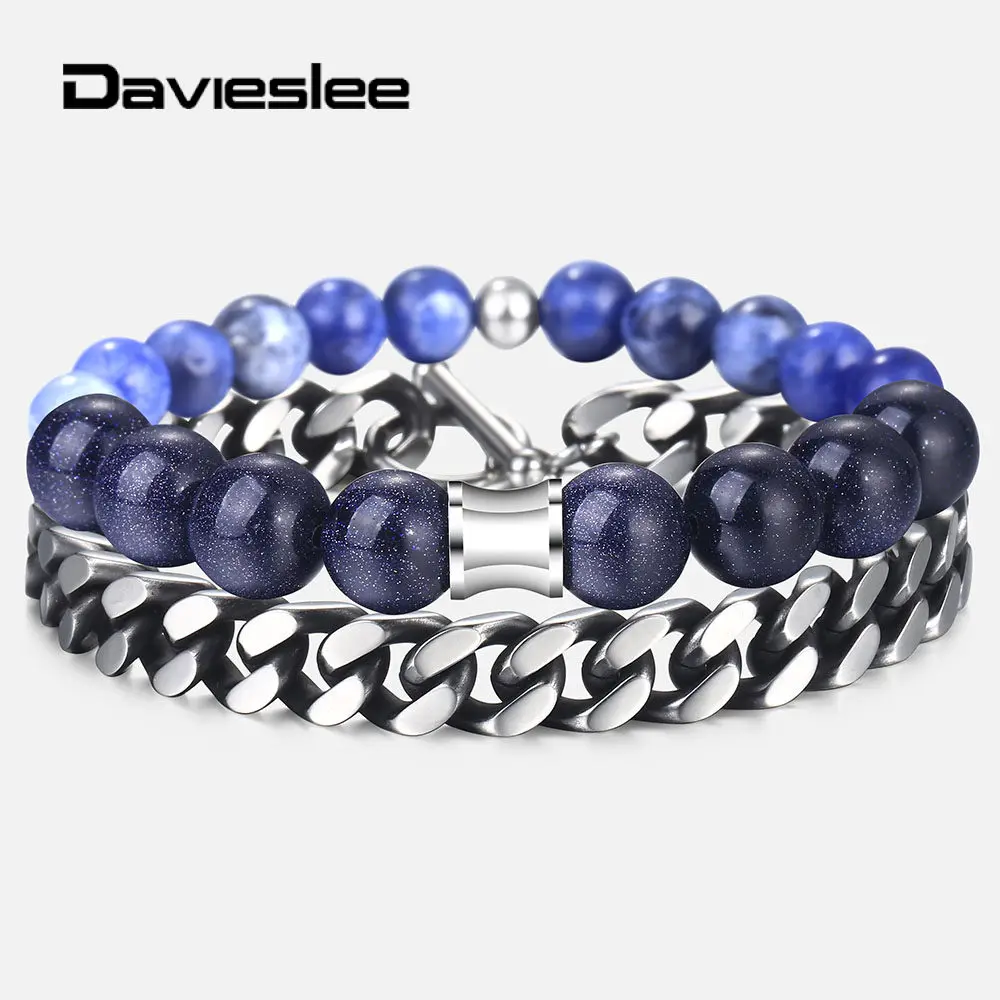 2 шт./компл. синий Песчаник содалит Натуральный камень браслет из бисера для Для мужчин Нержавеющая сталь в стиле «панк» новые ювелирные изделия дропшиппинг " DDLBF32