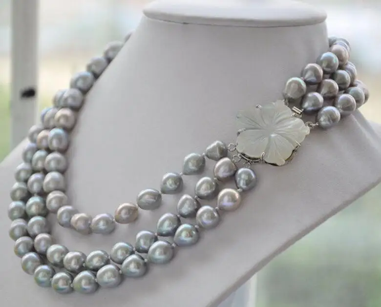 Из 3 нитей 10 12 мм натуральный серый риса пресноводного жемчуга necklace17 18 19