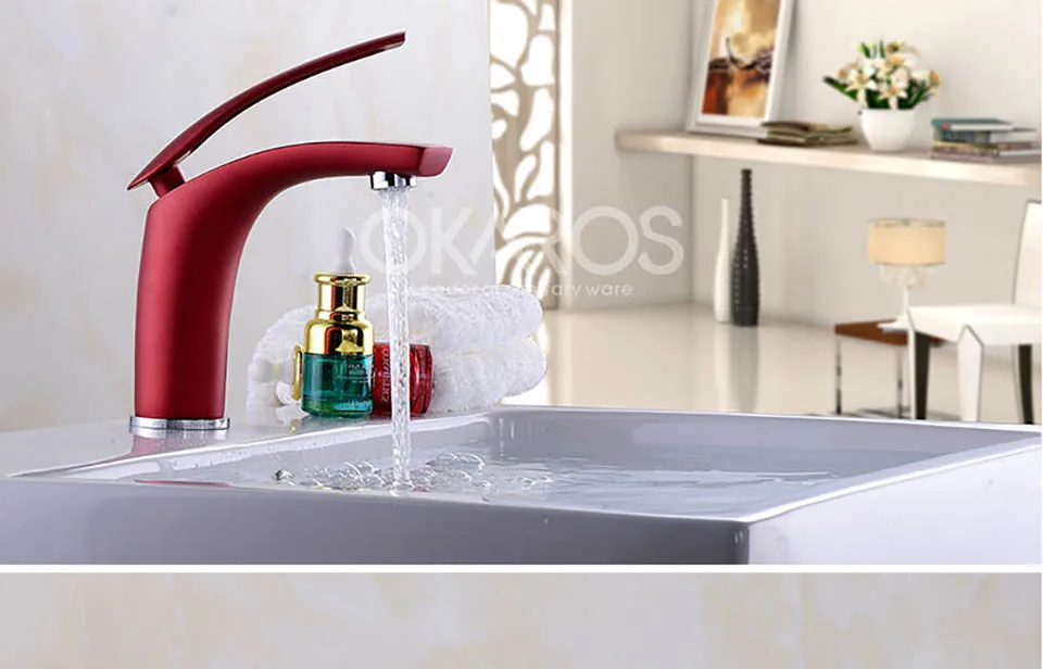 OKAROS смеситель для раковины, водопроводный кран для ванной комнаты, твердый белый черный красный латунный хромированный золотой кран с одной ручкой, смеситель для раковины