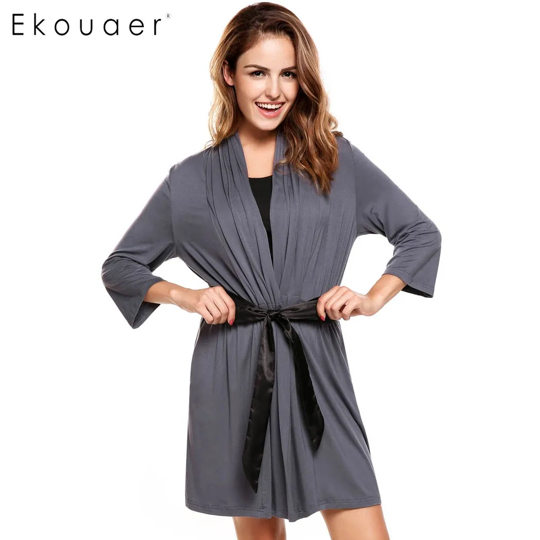 Ekouaer Women Kimono Robe Knee Length Bathrobe Sleepwear Soild Autumn