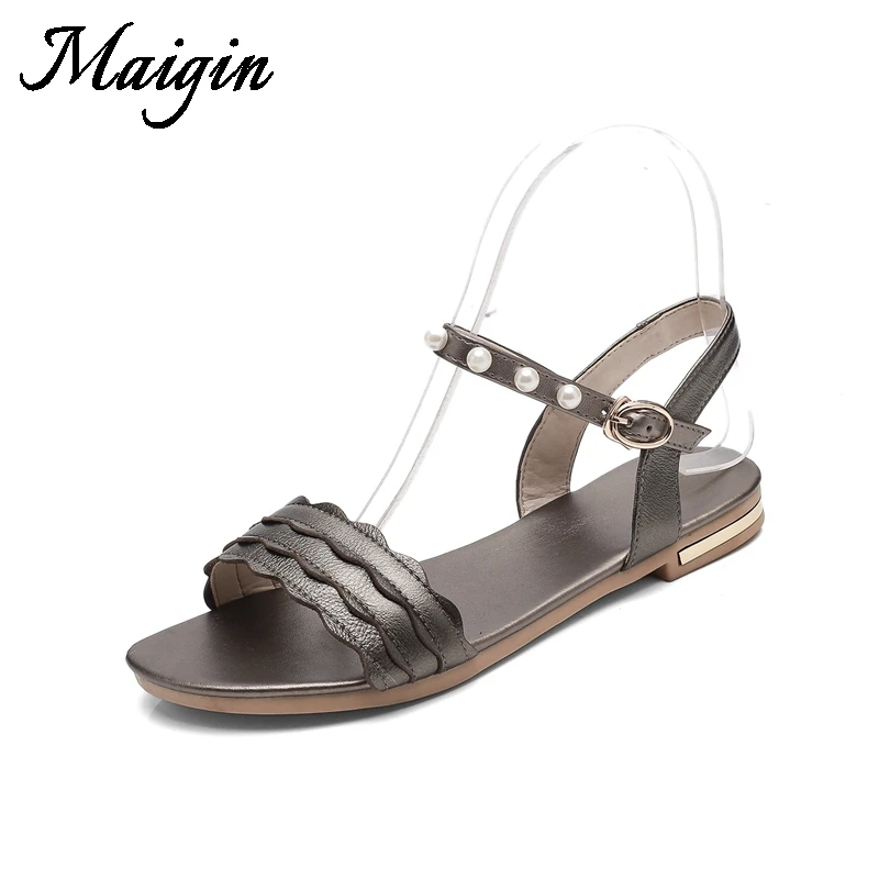 Maigin Flat Sandals Women 2018 New Buckle Strap Summer Shoes String Bead Beach Shoes Open Toe Cow Leather Footwear Women Sandals