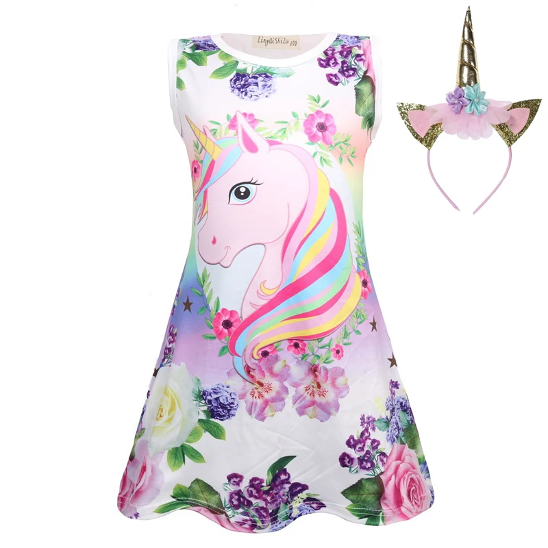 

2019 Unicornio Baby Kids Dresses Girls Elegant Sleeveless Cartoon Chthing Children Princess Party Dress Unicorn Headband Clothes