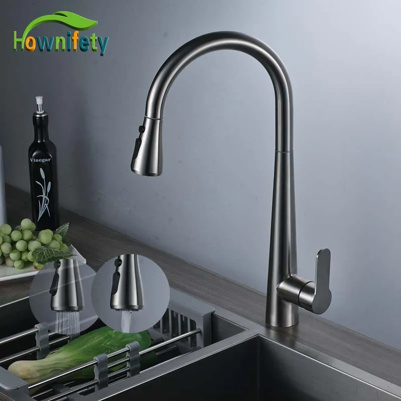 

Brushed Nickle Hot And Cold Water Faucet For Kitchen Washing Pull Down 360 Degree Swivel Mixer Tap Dual Function Sprayer Spout