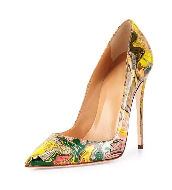 Новое поступление; кожаные туфли-лодочки с принтом «граффити»; женская обувь; Свадебные вечерние туфли с острым носком на высоком каблуке; разноцветная Лоскутная обувь; So Kate 45