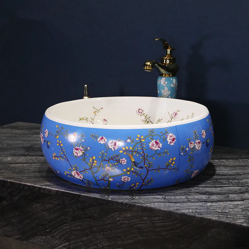 Blue flower and bird Ceramic China Painting wash basin Bathroom vessel