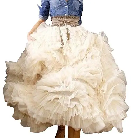 Специальный дизайн пышные гофрированные женские бальные платья до середины икры из тюля и органзы плиссированные многоярусные Юбки Женская юбка на заказ - Цвет: Бежевый