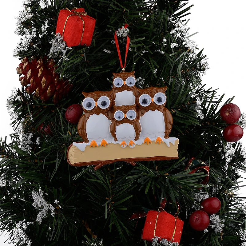 Maxora Brown Yellow Owl Family Of 4 Resin Glossy Personalized Christmas Tree Ornaments PR279-4