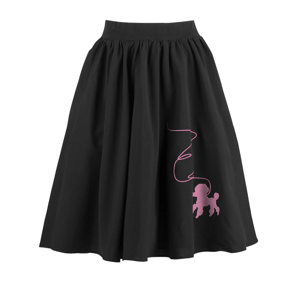 

CandowLook Women's High Waist Black Rock N Roll 50's 60's Polka Dot Poodle Embroidery Rockabilly Swing Skirt with Pockets