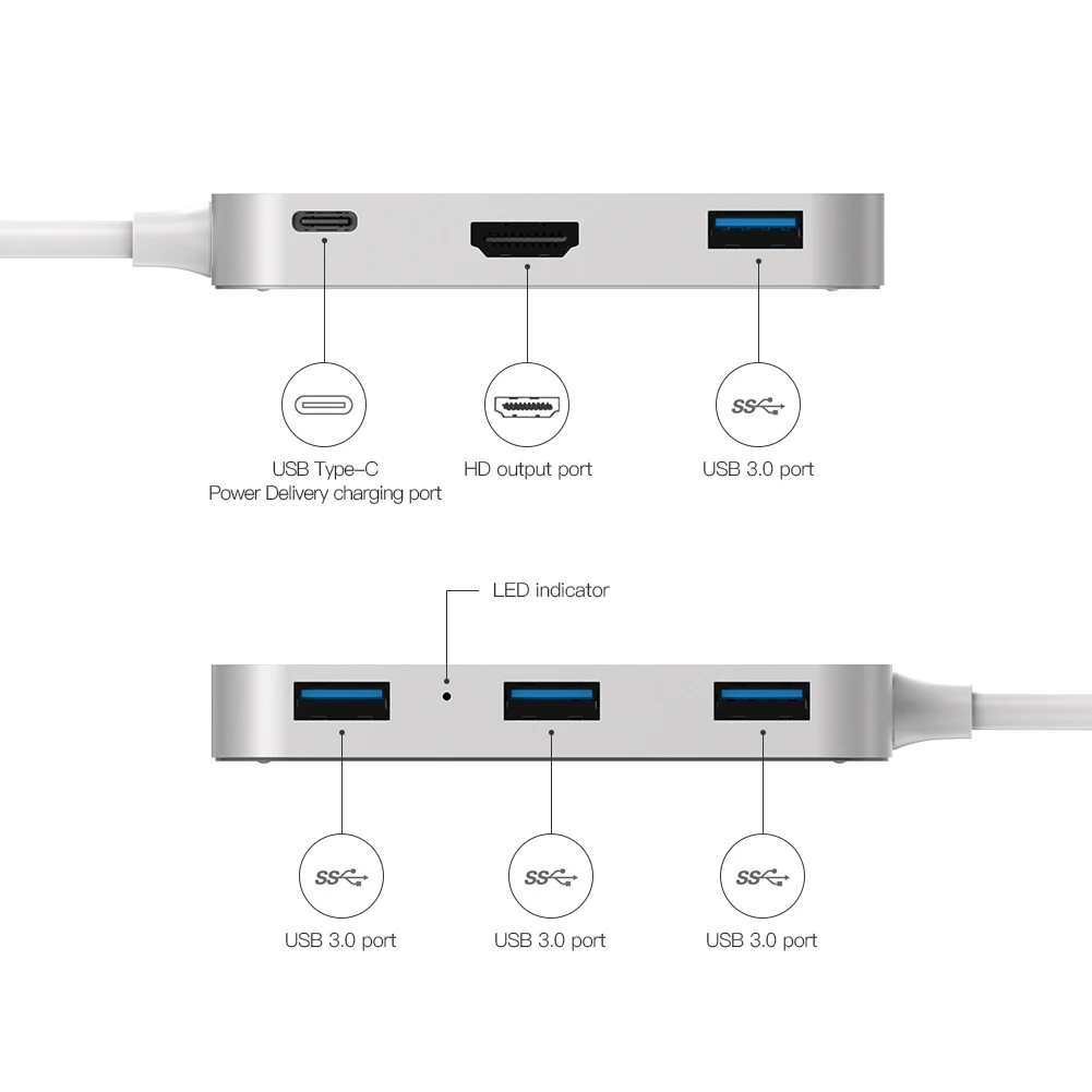 Dodocool 6-в-1 Алюминий сплав Многофункциональный USB-C концентратор Тип-C Мощность доставки видео в формате 4K HD Выход USB 3,0 Порты и разъёмы для MacBook Air Pro