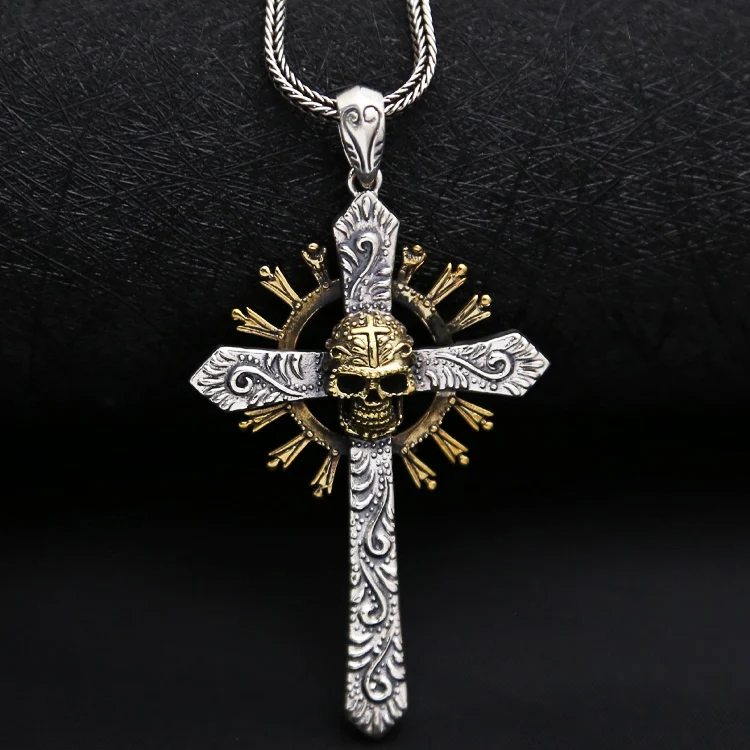 

Real Pure Silver 925 Large Cross Pendant For Necklace Golden Gothic Skull 100% 925 Sterling Silver Cool Men Women Jewelry, 13.7g