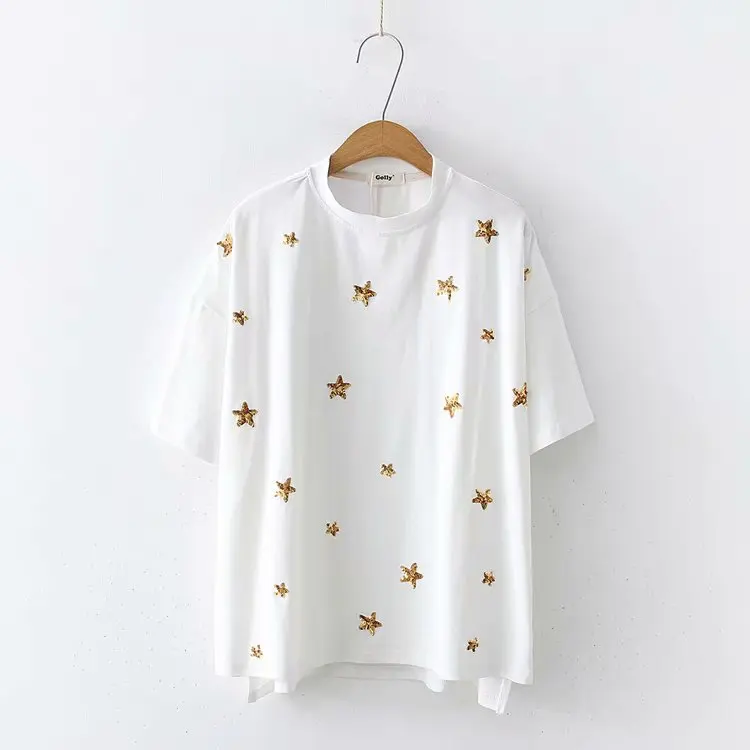 LUNDUNSHIJIA, Золотая Звезда, футболка с вышивкой для женщин, лето, женские топы с круглым вырезом и коротким рукавом, повседневные свободные женские футболки - Цвет: white