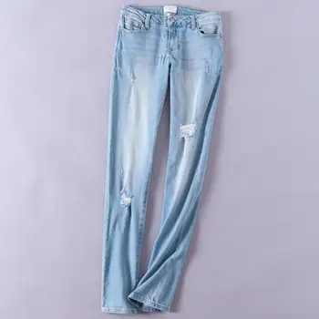 

plus size 26-31!2019 Summer hole women washed light blue skinny pencil jeans