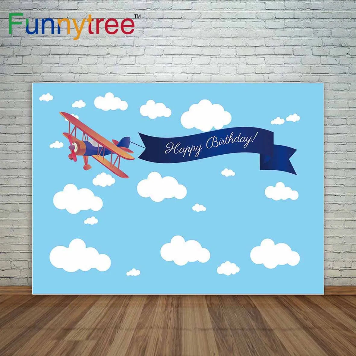 

Funnytree photography backdrops blue sky cloud cartoon airplane boys birthday ribbon children Background fotografia photocall