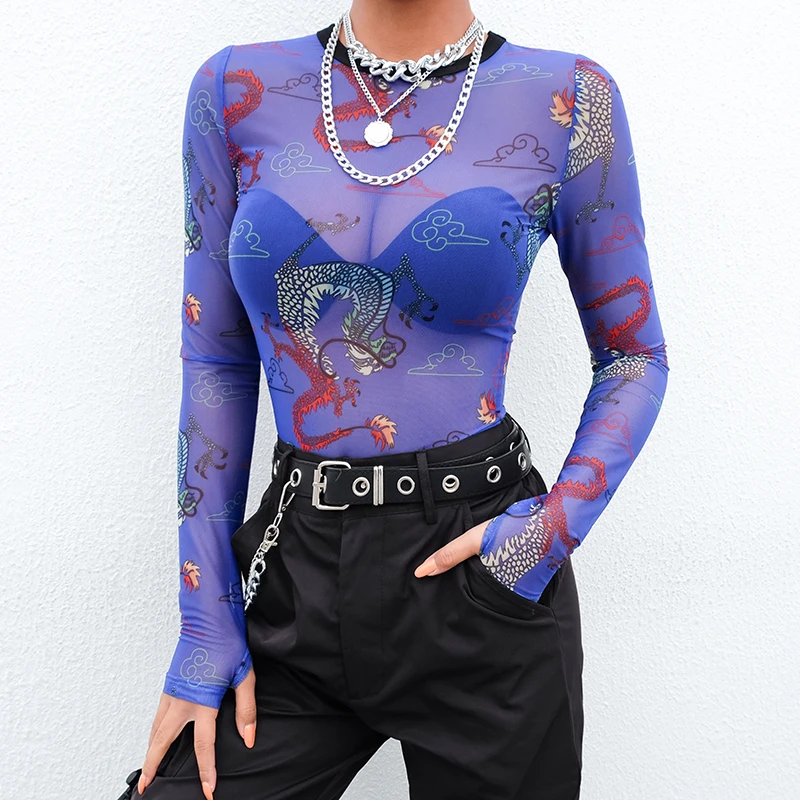 

SUCHCUTE Mesh Transparent T-Shirt Women Harajuku Dragon Printed Crop Tops Tees 2018 Spring See Through Top Women Sexy Shirt