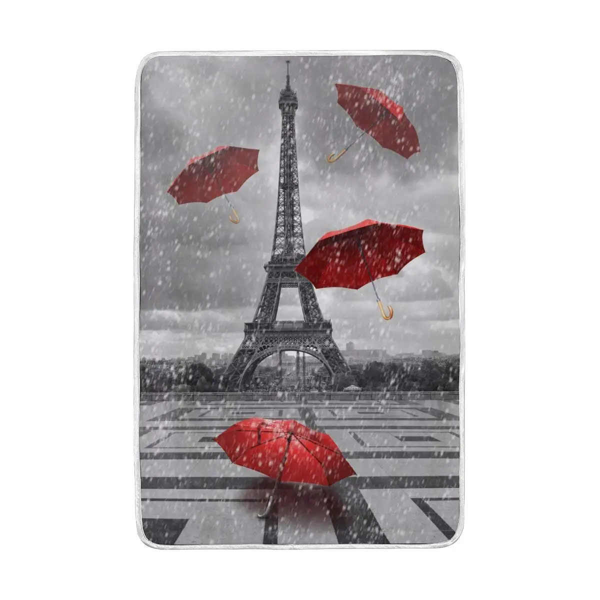 

Paris Eiffel Tower Flying Red Umbrella Grey Blanket Soft Warm Cozy Bed Couch Lightweight Polyester Microfiber Blanket
