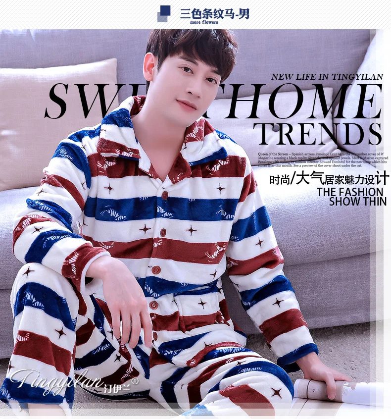 Men Pajama Sets Winter Autumn Coral Fleece Warm Men Sleepwear Suits Thick Homewear Long Sleeve Pijama Man Sleep Pyjama XXXL