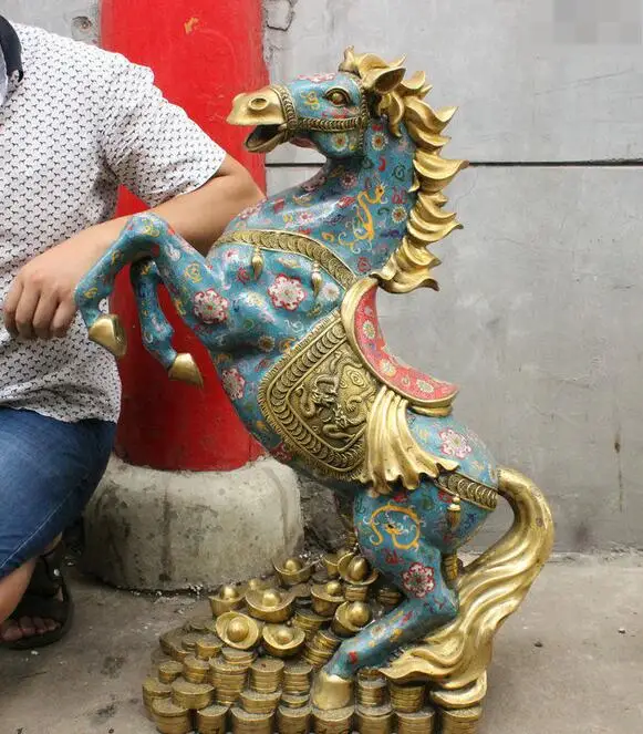 

free 35" Chinese Feng Shui Bronze Cloisonne Enamel Dragon YuanBao Coin Horse Up Statue fast