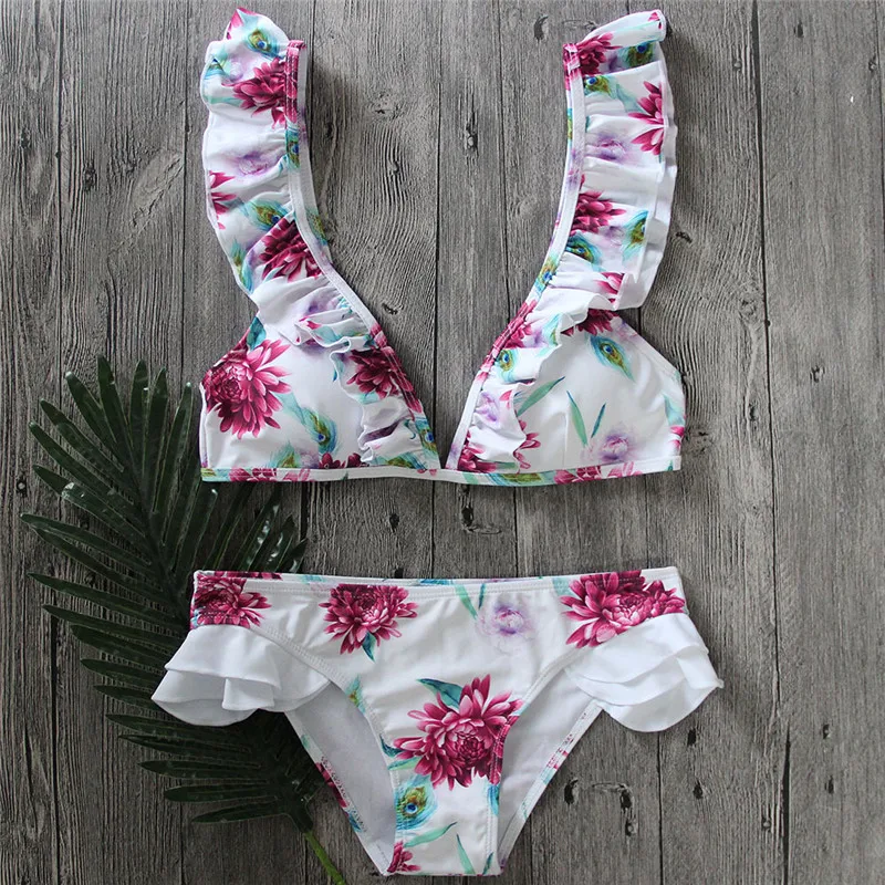 YCDKK 2017 bikini brazilian Women Swimsuit Ruffle Shoulder Bikini Set Pad Vest Bikini Low Waist Bandage Swimwear Flower Print YCDKK 2017 bikini brazilian Women Swimsuit Ruffle Shoulder Bikini Set Pad Vest Bikini Low Waist Bandage Swimwear Flower Print