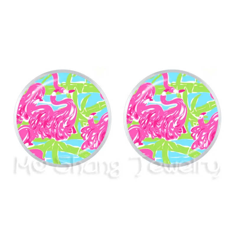 

Pink and Green Flamingo Lilly Pulitzer Stud Earring Lilly Inspired Lulu Flamingo Bird Earrings 12mm Glass Dome Ear For Women