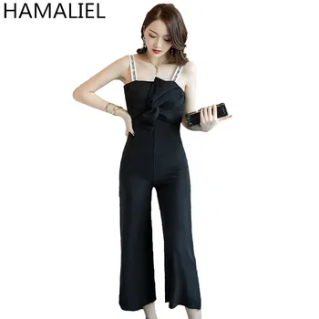 

HAMALIEL Sexy Camisole Big Bow Women Jumpsuits 2018 Summer Black Strapless High Waist Slim Backless Wide Leg Work Rompers