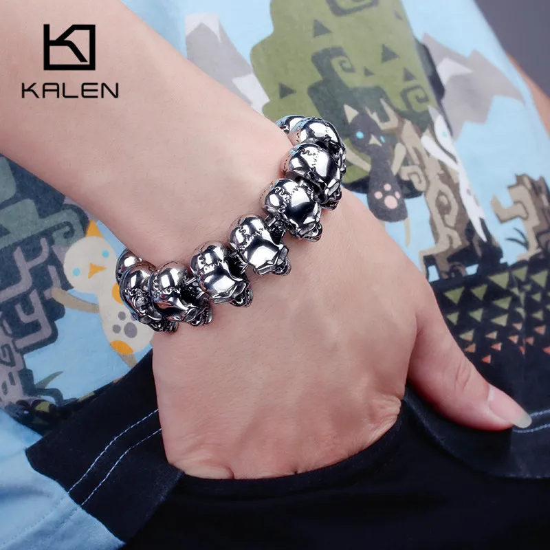 Kalen, череп, очаровательный мужской браслет, нержавеющая сталь, Панк Скелет, мужской браслет, браслет, Европейский рок, ювелирные изделия, аксессуары