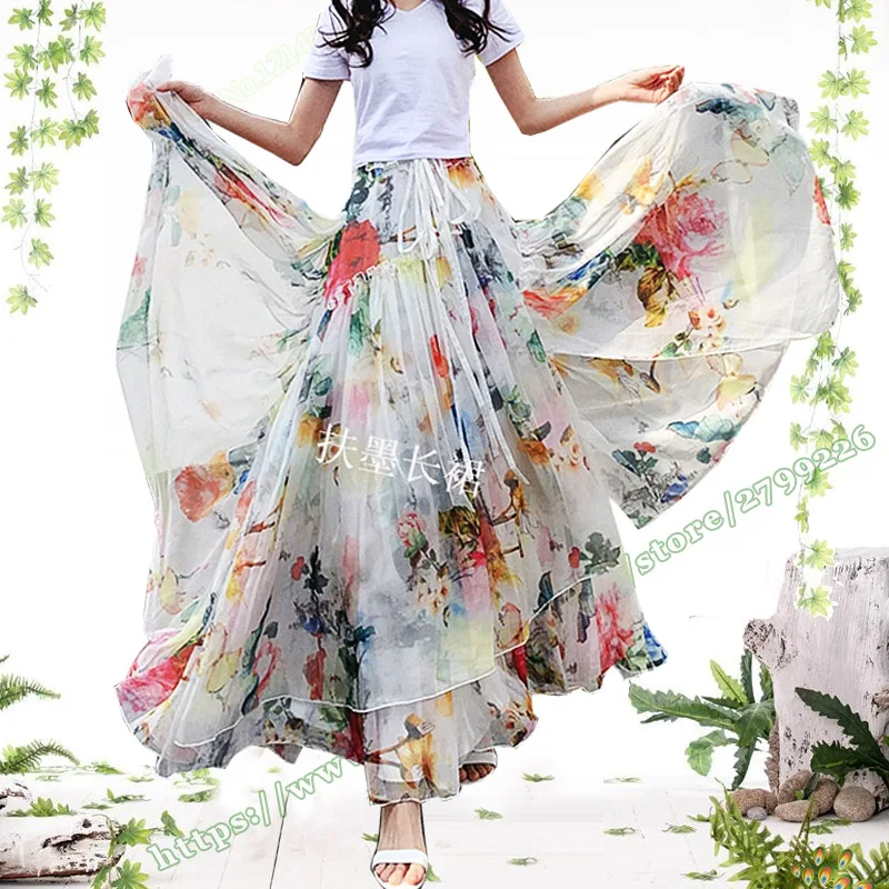 

Plus Size 6XL Spring Irregular Green Purple Floral Pattern Chiffon Large Size Fashion Casual Elegant Womens Maxi Long Skirts