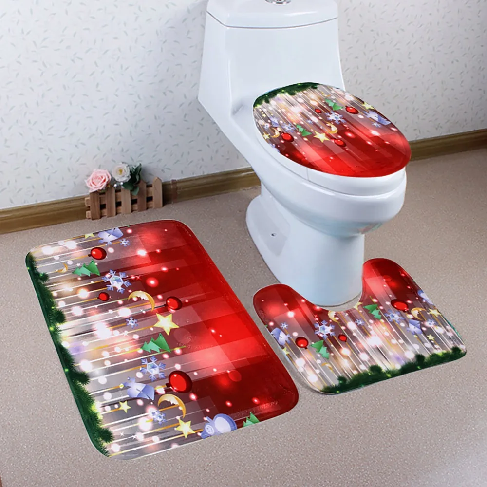 3 Pcs Fancy Santa Toilet Seat Cover and Rug Bathroom Set Christmas