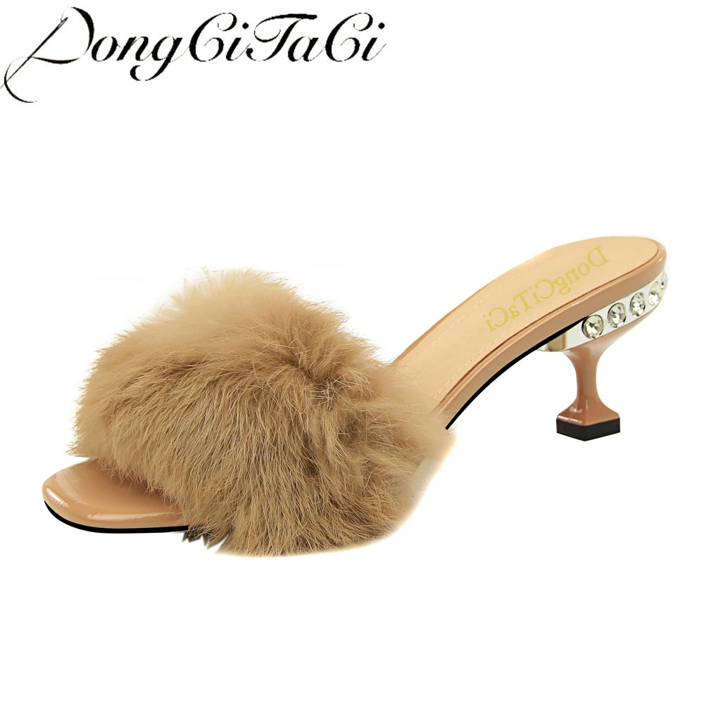 

DongCiTaCi Summer Women thin heels Sandals Shoes Fashion Woman Open Toe slipper Sandals Sexy Rabbit Fur crystal high heel slides