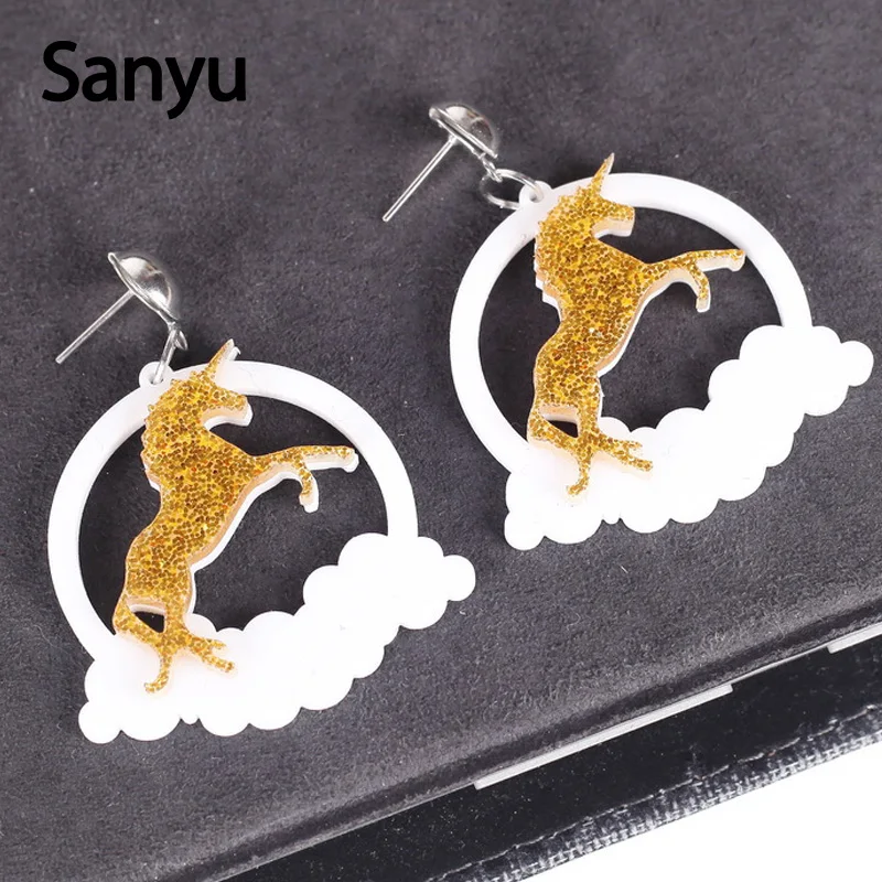 

New Style Shining Dreamlike Unicorn Acrylic Drop Earrings for Women Girl Hollow Out Cloud Sweet Glitter Powder Dangle Earrings