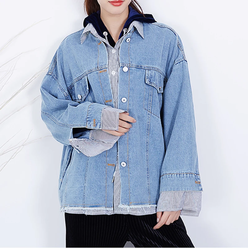 Lâche Automne Denim Dames Patchwork Pièces Faux Femme Mode Blue Manteaux Pardessus Z175 Printemps Veste À Manches Vinatge Longues Rayé Deux qwBAXa5