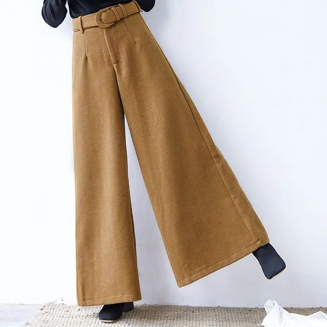 Women Wool Wide Leg Pants High Waist Casual Full Length Trousers Solid