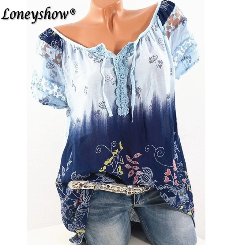 

5XL Plus Size Women Hollow Out Lace Splice Blouse Summer Clothes V Neck Tie Bow Print Bohemian Floral Blouses Curved 4XL