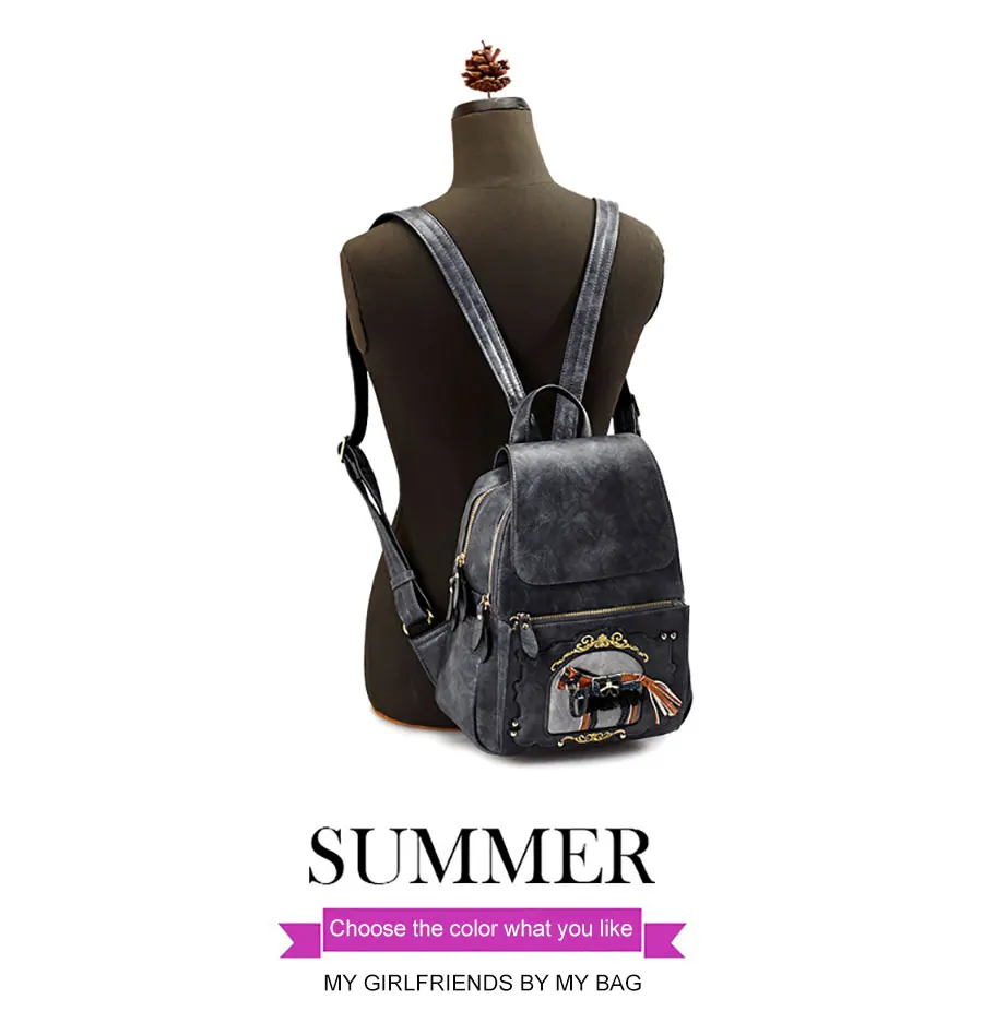 JKBW Women Backpack Fashion PU Leather Female Bags Teenager Girls School Bags Leisure Travel Bag with Cartoon Horse Decoration (4)