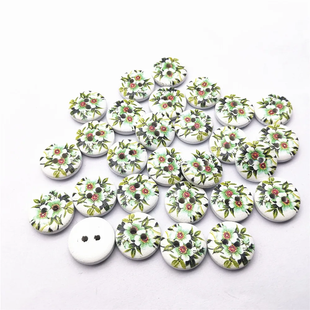 

100pcs 15mm Wood Buttons Shaby Chic Green Florals Round Sewing 2 Holes Button Embellishments For Scrapbooking Crafts