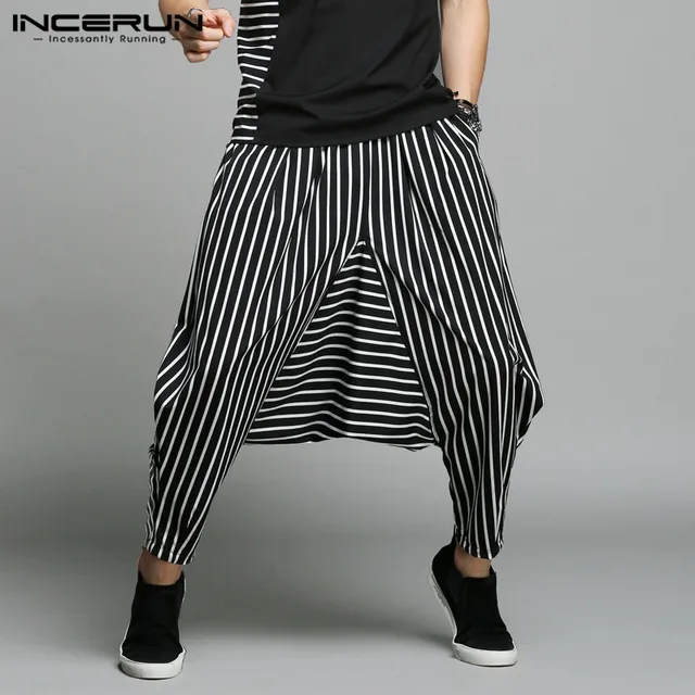 INCERUN Stylish S-5XL Cross-pants Men Harem Pants Irregular Striped Patchwork Men’s Trousers Big Drop Crotch Dance Hiphop Male