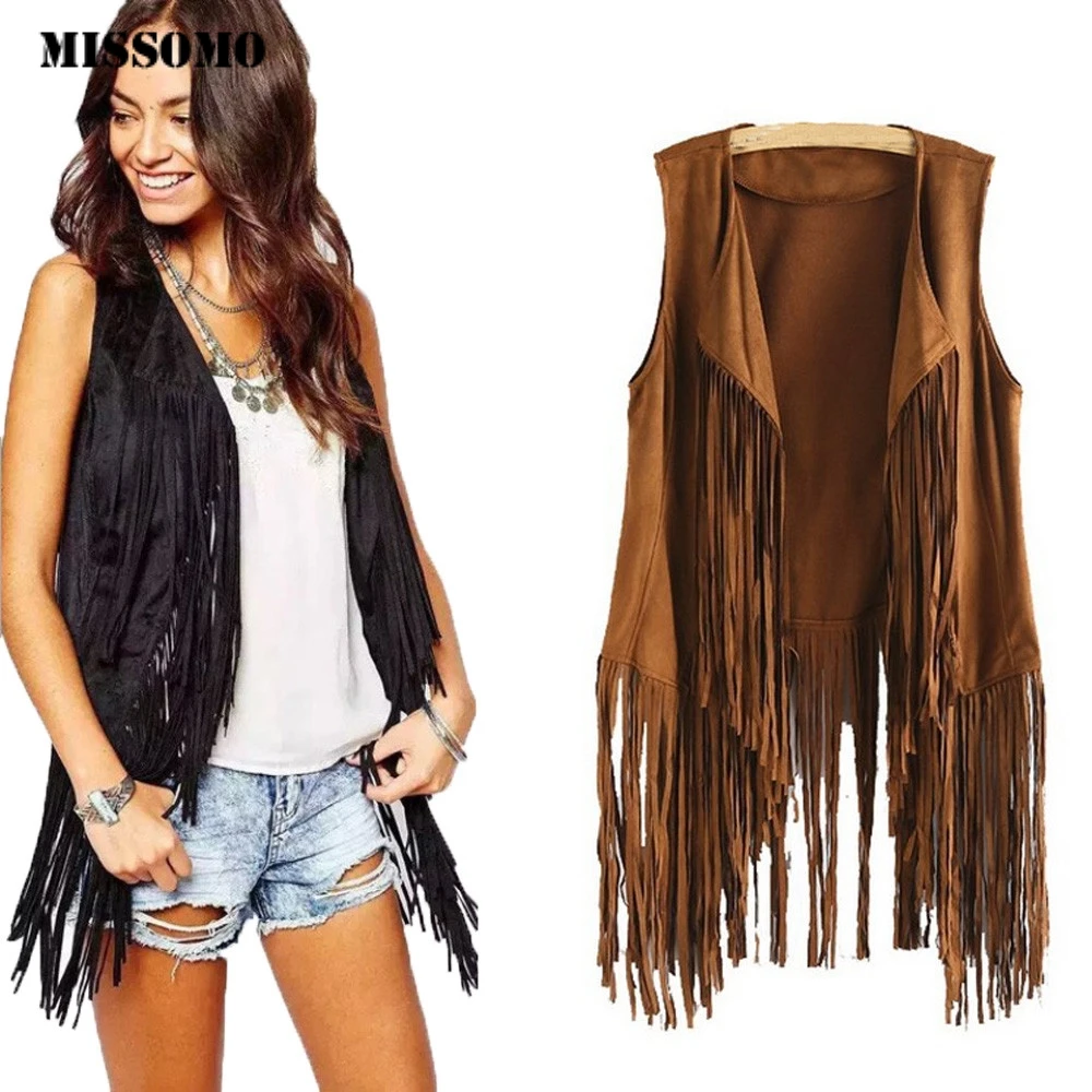 

MISSOMO chaleco flecos Women Autumn Winter Suede Ethnic Sleeveless Tassels Fringed Vest Cardigan Waistcoat 2019