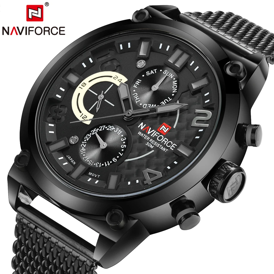 ФОТО NAVIFORCE Top Brand Mesh Steel Fashion Men Sport Watches Quartz Clock Military Wristwatch Relogio Masculino Functional Hands