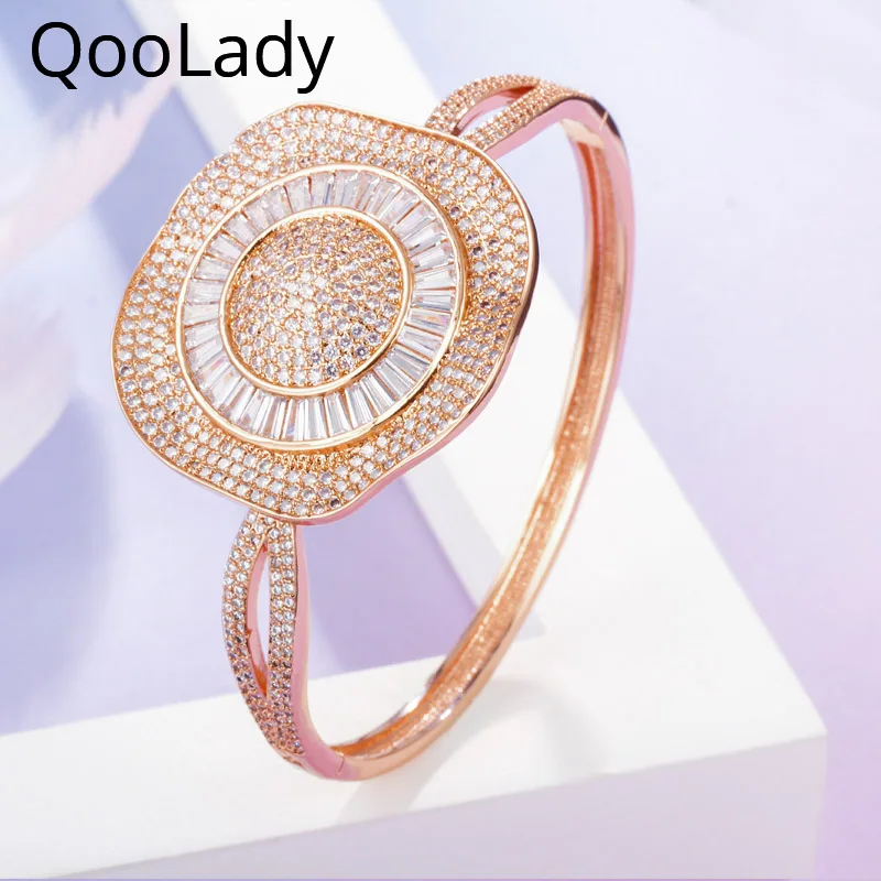 

QooLady Luxury Dubai Micro Pave CZ Stone Rose Gold Open Cuff Big Flower Wedding Bracelets Bangles Jewelry for Women Gift K003