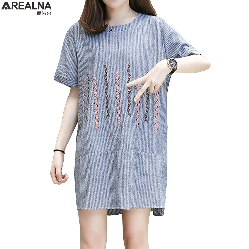 Summer Dress 2018 Women Cotton linen Beach Dress Striped embroidery