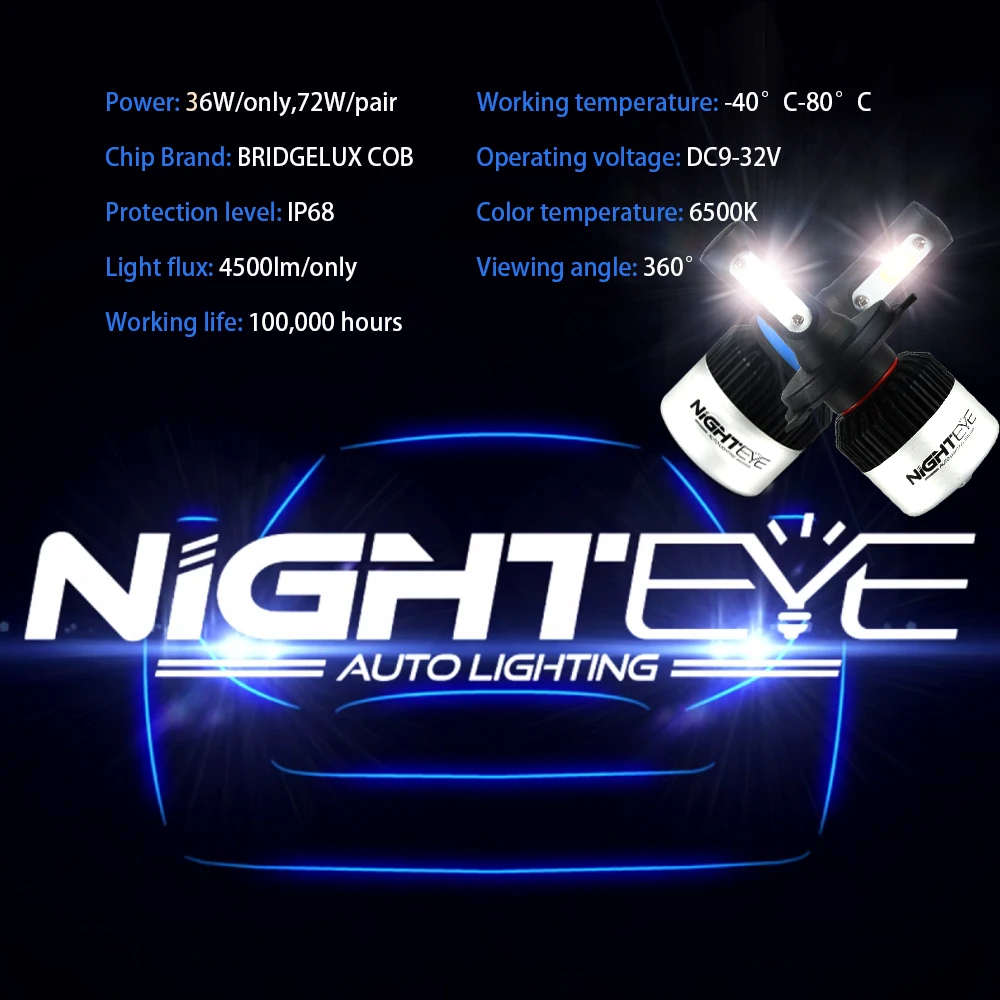 Nighteye 2 шт. супер яркий H11 светодиодные лампы H8 H9 72 Вт 9000lm фара автомобиля
