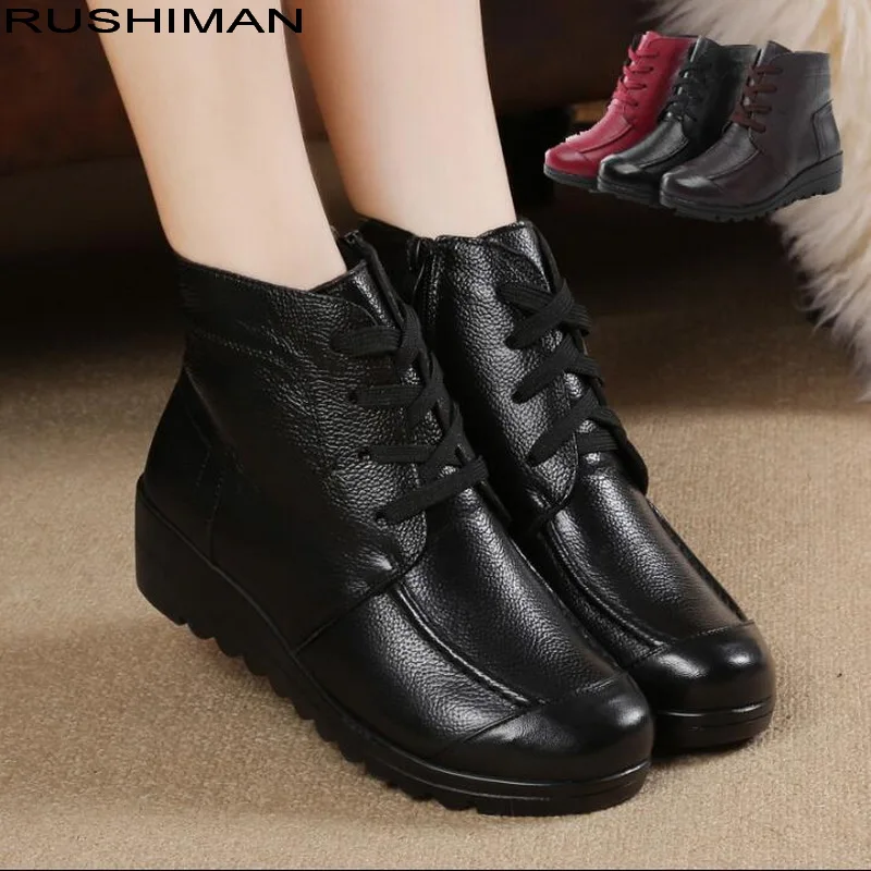 

Autumn Women Shoes Woman Genuine Leather Flat Ankle Boots Female Lace-up Winter Warm Wool Snow Boots Women Boots