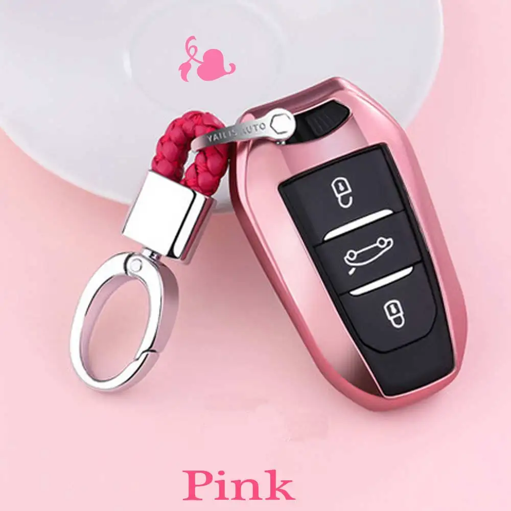 Автомобильный брелок для ключей корпус ТПУ мягкий чехол искусственный кристалл кулон брелок для PEUGEOT 2008/301/307/3008/308 S/407/408/4008/508 - Название цвета: Pink-Metal snap