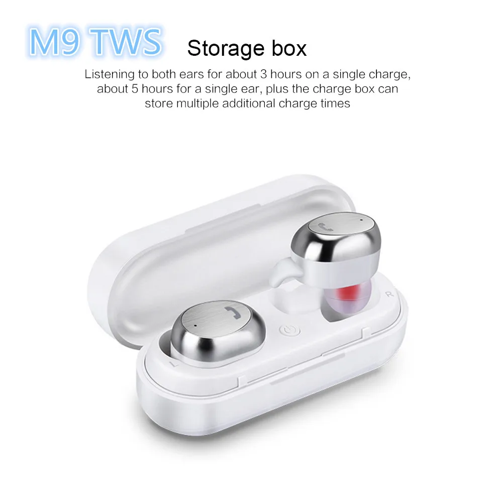 M9 TWS Mini Wireless Bass Sound Bluetooth Earphone tereo Subwoofer Headphones Portable Charging Headphones for Xiao mi - Цвет: Белый