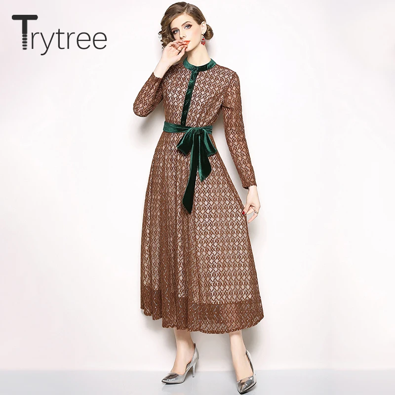Trytree весеннее летнее платье Элегантное кружевное женское темно оранжевое