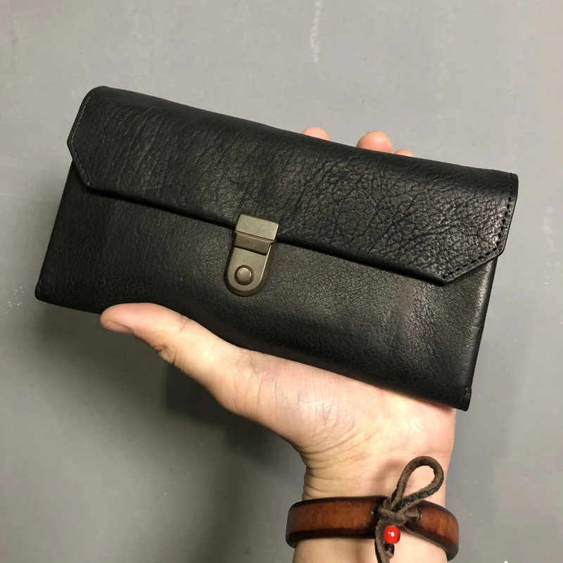 

Lock Men Wallet Genuine Leather Handmade Large Capacity YKK Zipper Male Wallets Cowhide Men's Purse Phone Case For iPhone 6 Plus