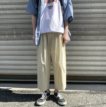 

2019 Summer Men Casual Loose Thin Solid Color Wide Leg Straight Cargo Pants Elastic Waist Cotton Leisure Trousers Homme M-2XL